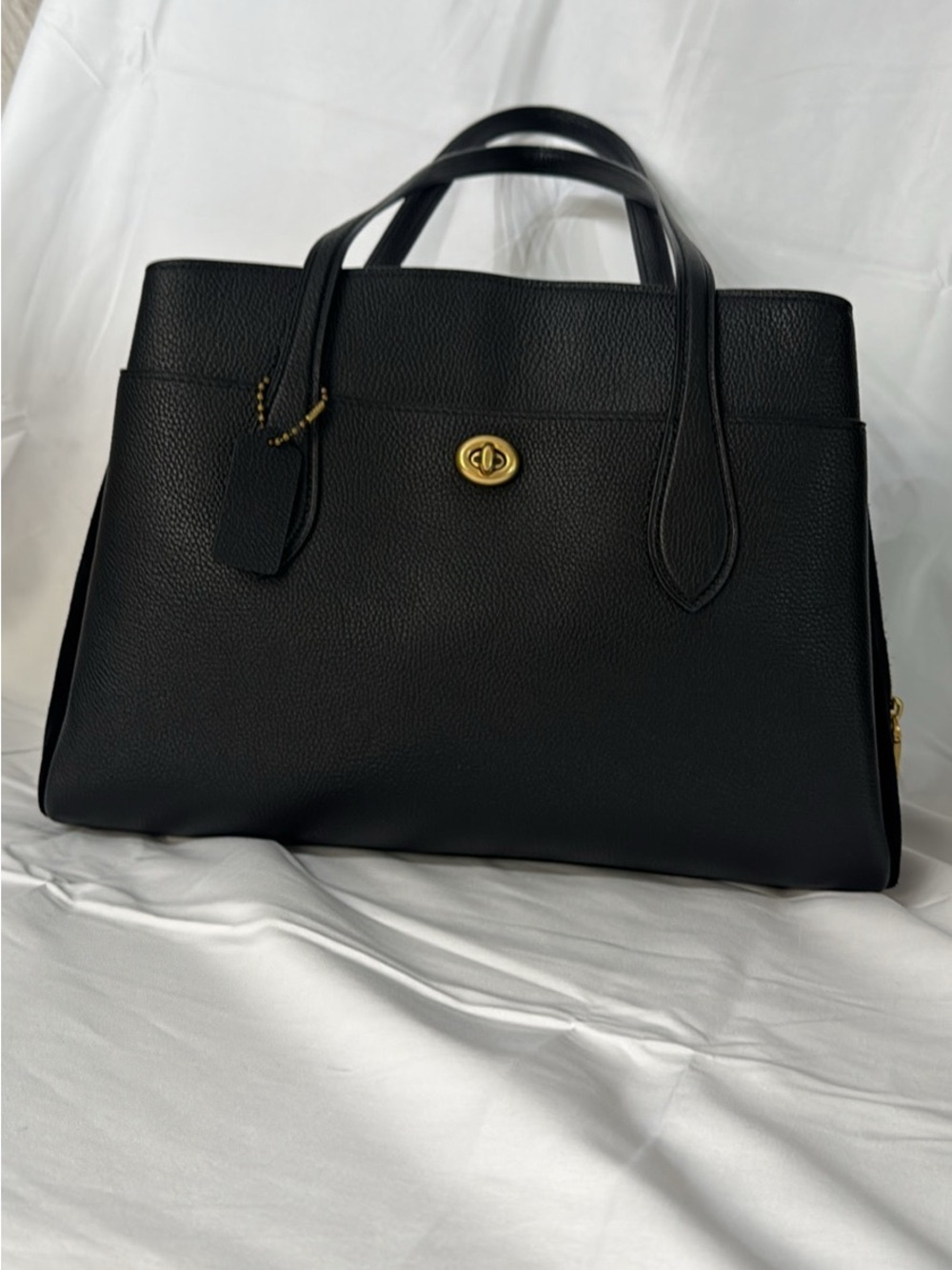 Coach Black Pebbled Leather Top-Handle Tote with Gold Turn-Lock